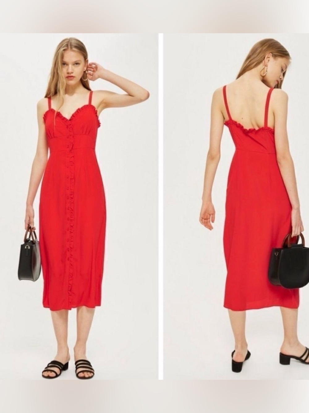 Topshop Red Ruffle-Trim Button Front Midi‎ Dress Size 8 Vacation Coastal NWT